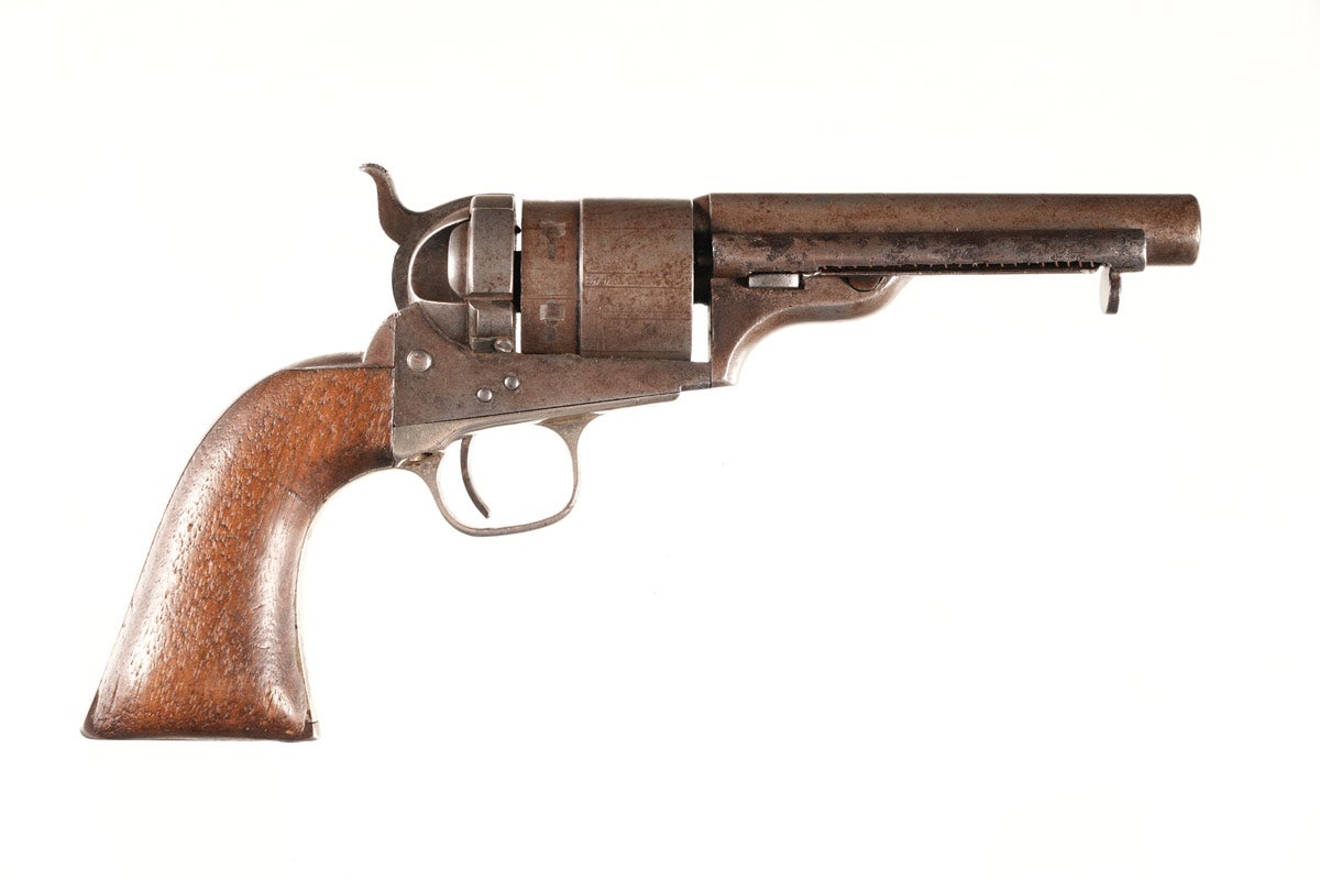 Colt 1860 Army Conversion Revolver, Serial Number 6443, manufactured in 1870. Features a cut-to-4¾” barrel with no front sight. All matching numbers. Surprisingly bright bore with traces of pitting, great action, good half-cock. Provenance: Mike Stewart Collection. ATF Form 4473 not required.