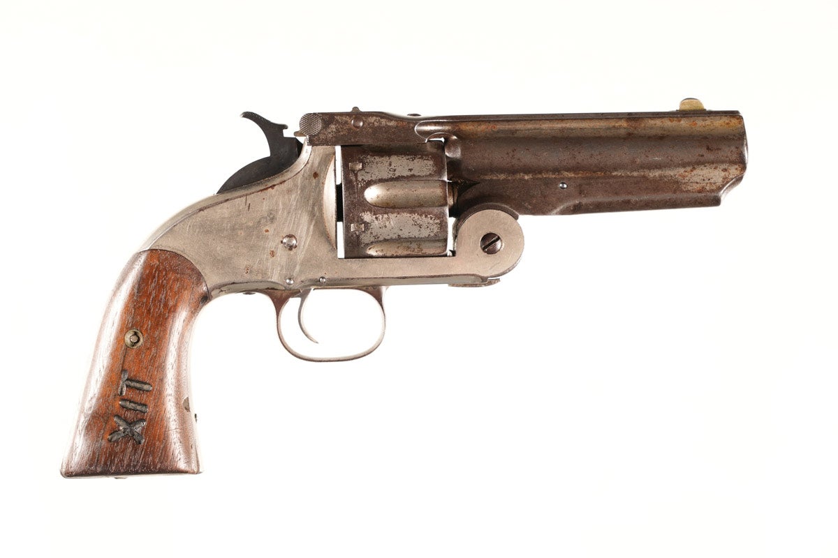 Smith & Wesson 2nd Model American Revolver, large-frame, .44 caliber, Serial Number 23092. Manufactured in 1872 for military and civilian use. Features cut-to-4¼” barrel, original nickel. All matching numbers. Functions well. Provenance: Mike Stewart Collection. ATF Form 4473 not required. 