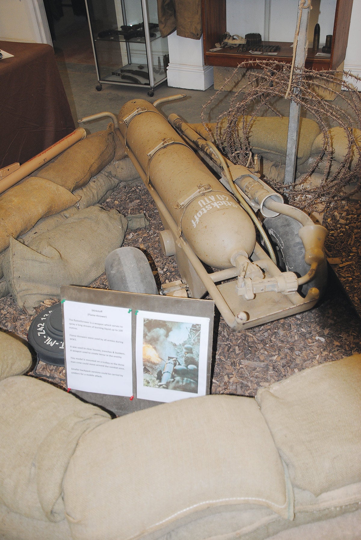 An unusual towed WWII German flamethrower on hand-towed trailer used as a support weapon.