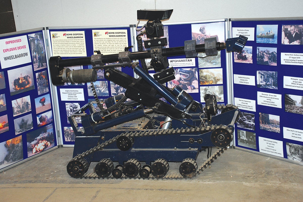 This specialist bomb disposal machine, called a “wheelbarrow”, was used to disarm explosive devices, especially the improvised types encountered in Northern Ireland during the Troubles in the Province.