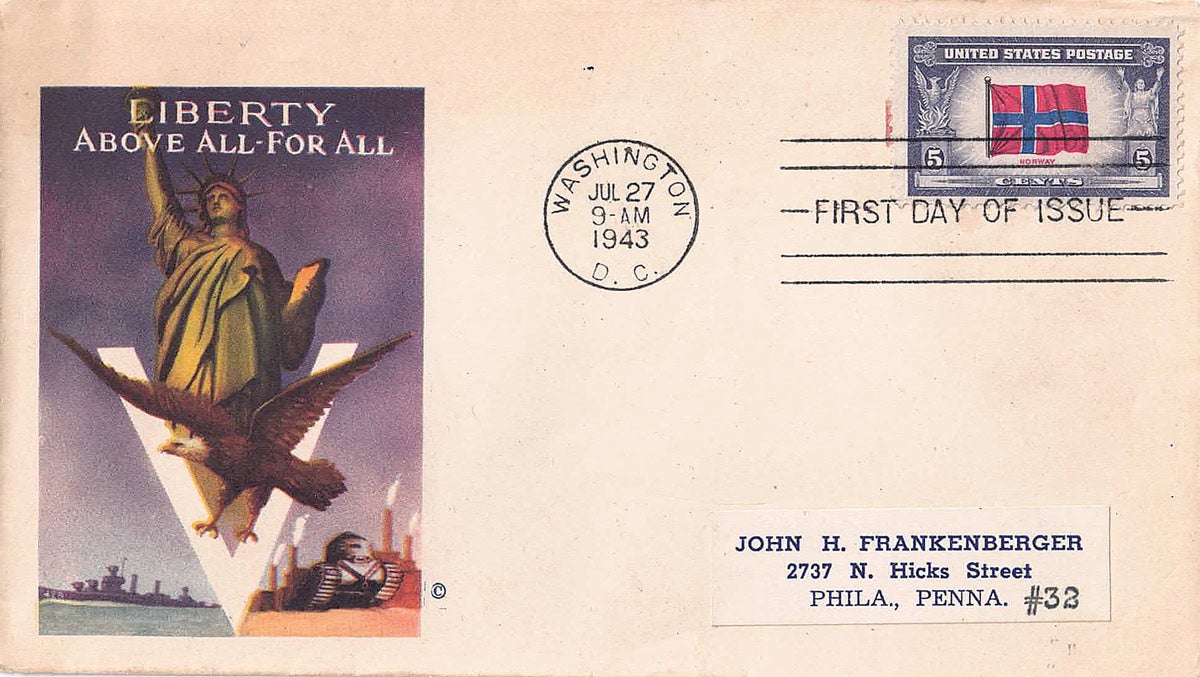 This patriotic envelope or “cover” features frequently used patriotic elements; the American Eagle, V for victory, and the Statue of Liberty. It is stamped on July 27, 1943, the first date of issue for a stamp commemorating Norway as one of the countries occupied by the Axis.