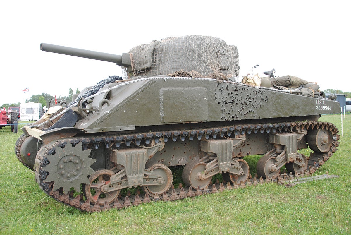 This Sherman was rescued form a tank gunnery range and shows the scars of its role. Lacking an engine, it was towed into its display position by an M1A1 Wrecker, which coped with the task easily