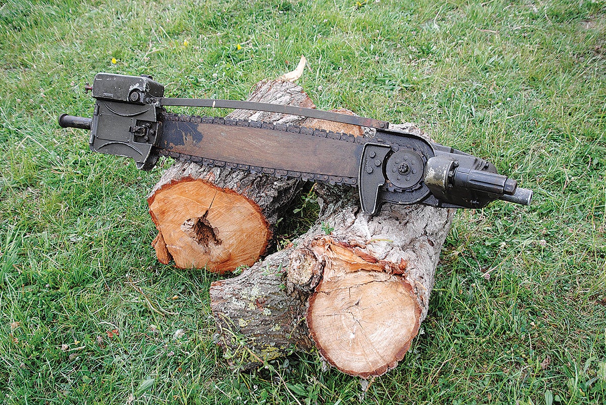 The pneumatic chain saw is a heavy-duty piece of kit to cope with large tasks.