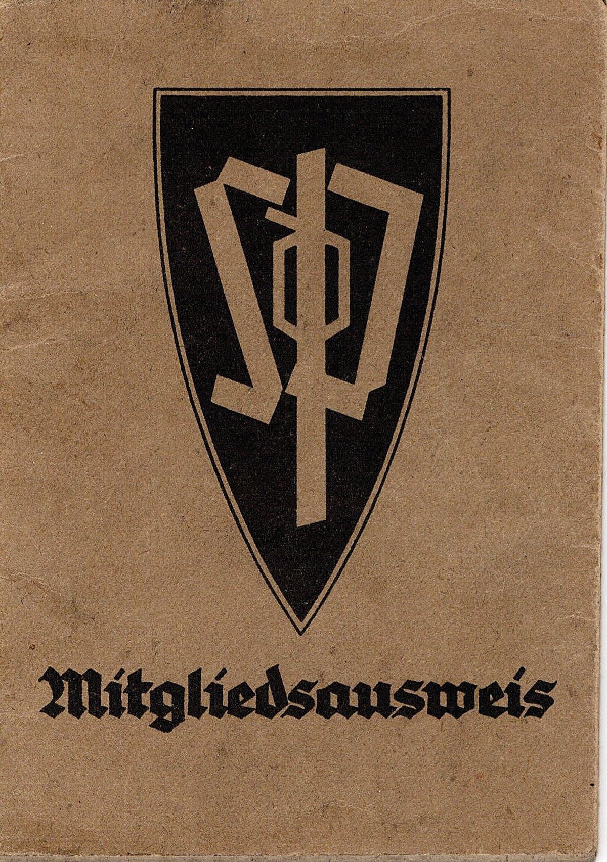 A membership booklet for the “Sudetendeutsche Partei”, with the SDP logo SDP over a shield.
