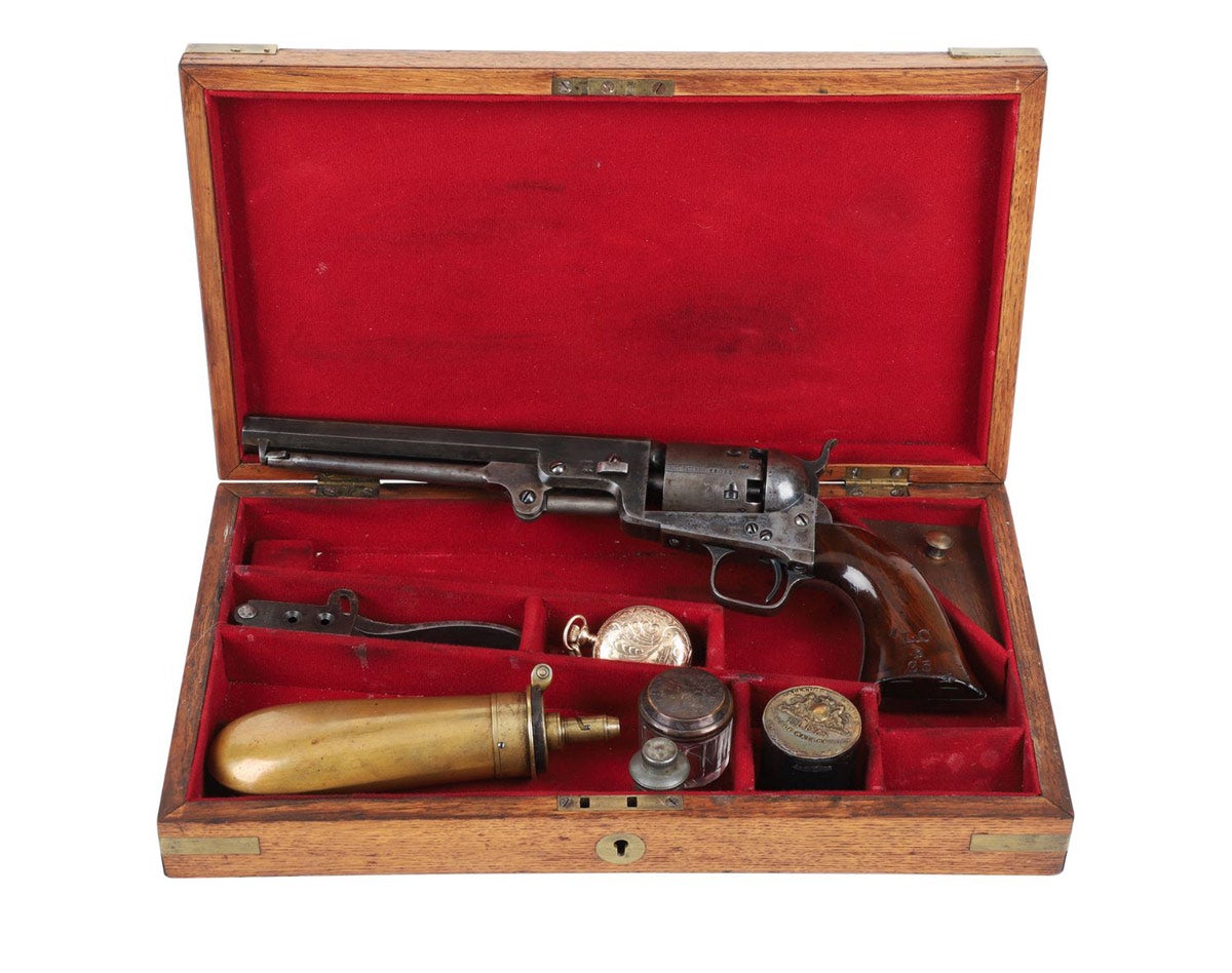 Colt London Model 1851 Navy percussion revolver, a rare example with markings indicating the Lower Canada 1st Quebec Troop, pistol 25, all numbers matching.