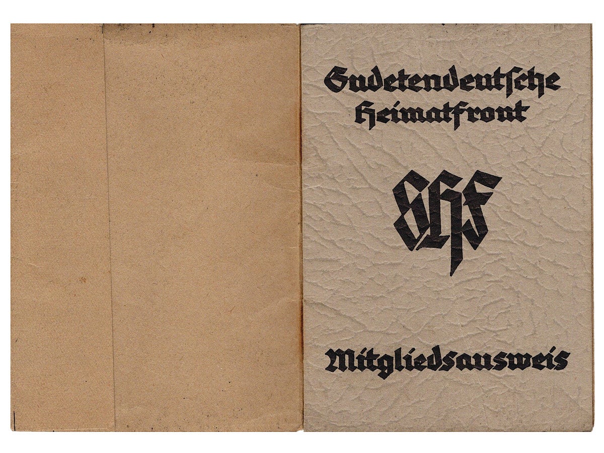 This ausweis was originally produced for the “Sudentendeutsche Heimatfront” - SHF, but upgraded with the addition of an SDP overcover after the group’s name changed.