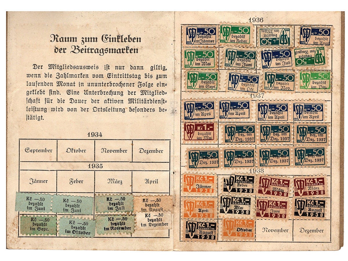 The following pages show his monthly dues stamps, with the last prepaid for October, 1938.