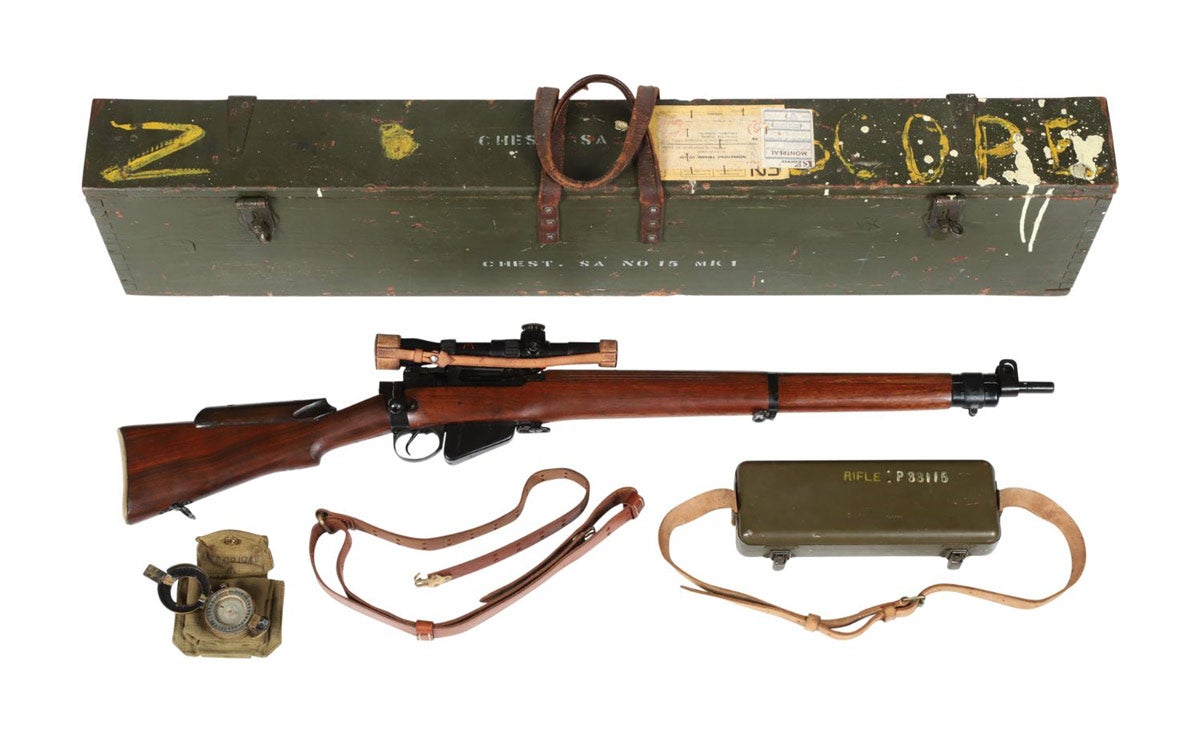 British Holland and Holland converted No. 4 Mk I* (T) Lee-Enfield sniper rifle, in a matching transit chest, a .303 British caliber, No. 32 Mk. 3 scope rifle.