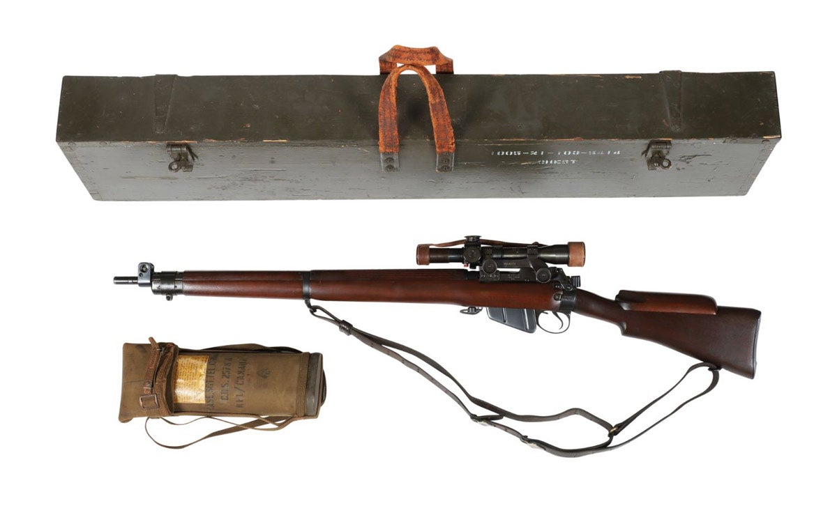 Canadian Small Arms Limited / Long Branch Lee-Enfield No. 4 sniper rifle in a transit chest, one of around 1,588 that were produced between 1942 and 1946