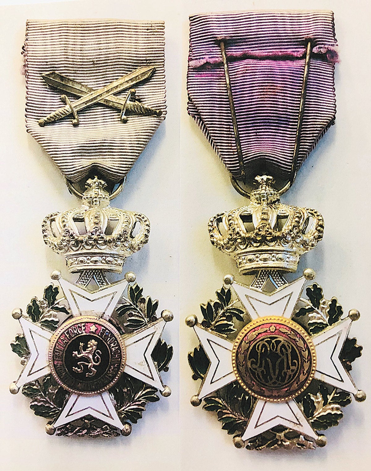 The Order of Leopold I is a 35mm x 35mm four-arm white-enamel cross and was Belgium’s first Order.  The front of the purple ribbon has become faded over the years. 