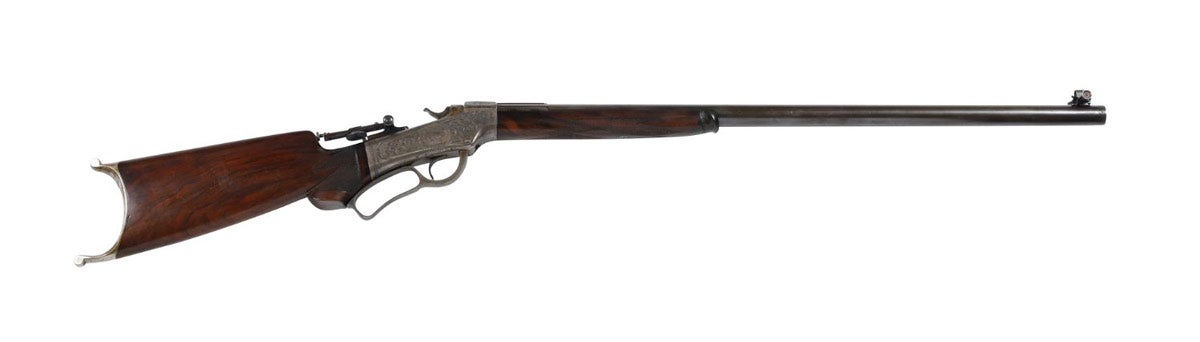 American circa 1880-1882 J.M. Marlin 6 ½ Rigby off-hand mid-range target rifle, a .38-.55 caliber, single-shot rifle with breech loading action.