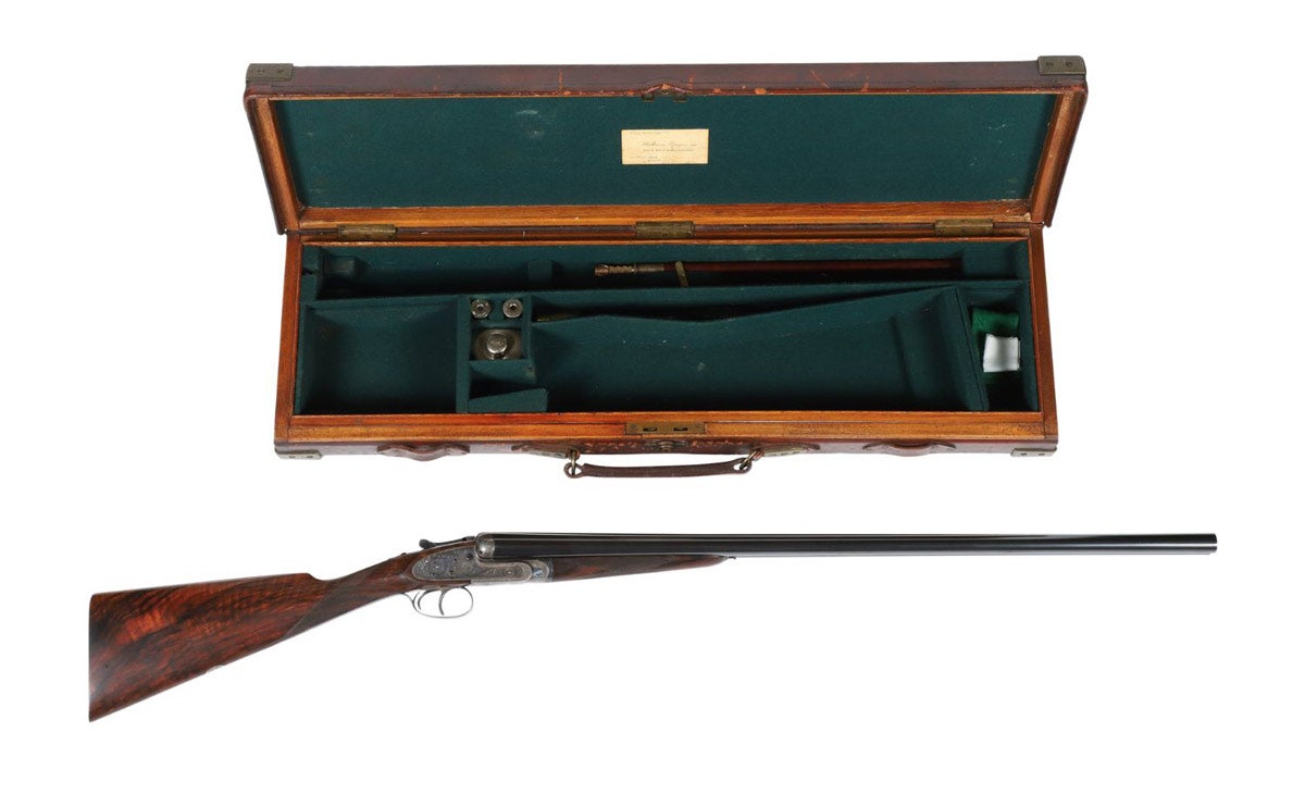 The sale’s expected top achiever is lot #45 – an exquisite cased and engraved James Purdey & Sons (British) double-barrel SxS hammerless 12 bore shotgun.