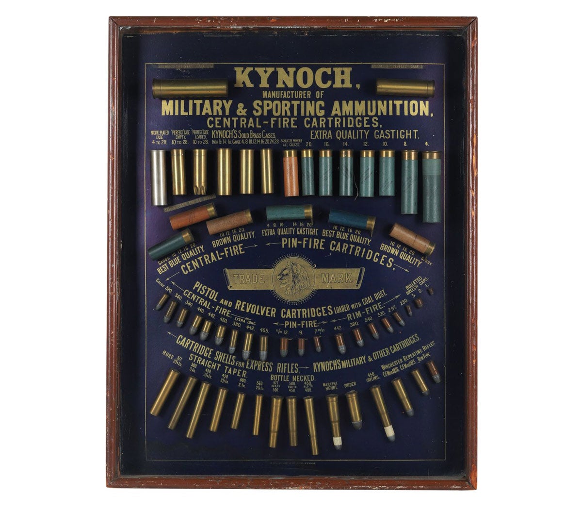 British 1880s-era Kynoch Military & Sporting Ammunition cartridge display board, framed behind glass, the cartridges held onto the backing via bound wire.