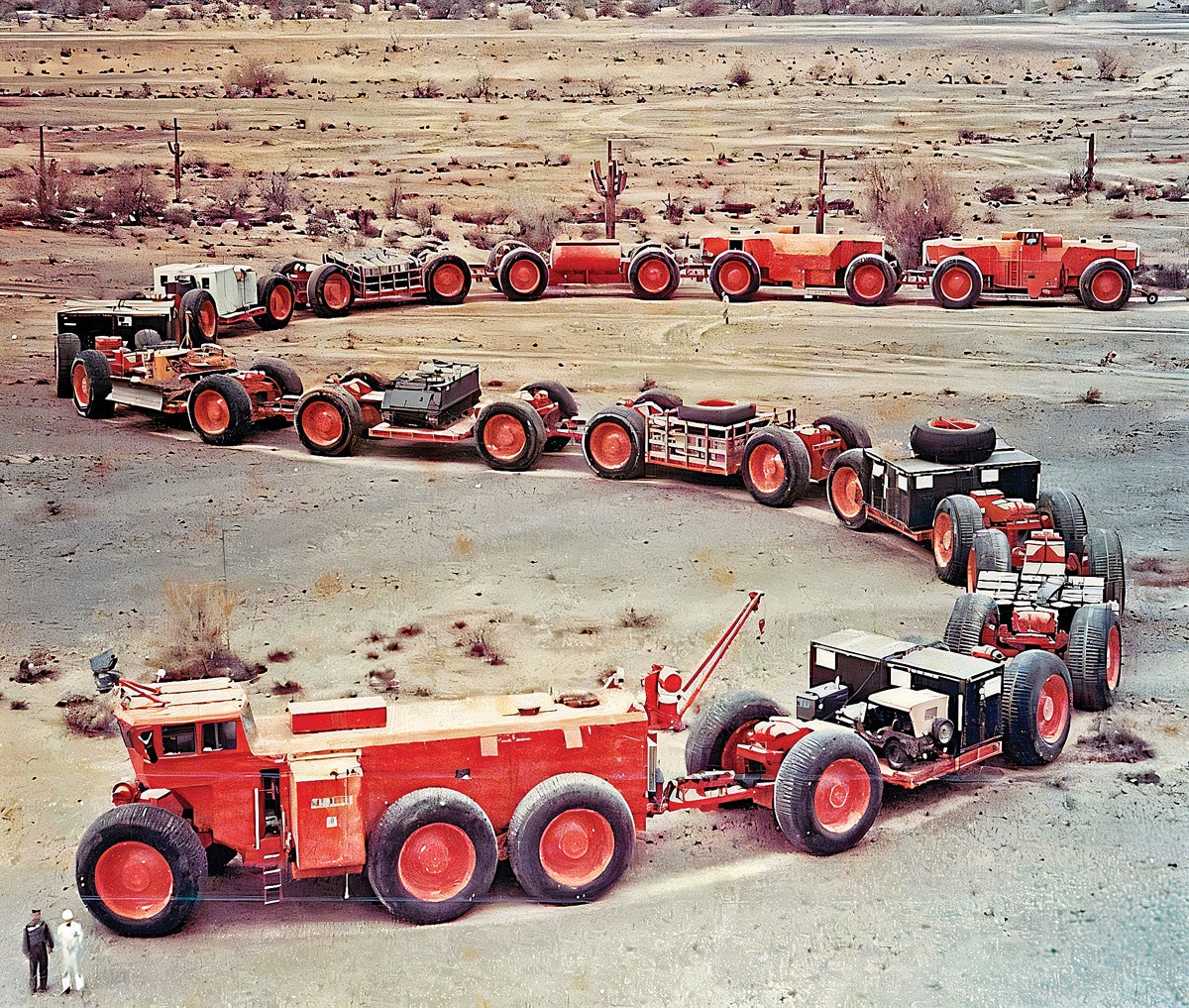 While the M-series vehicles of the late 1940s and early 1950s were new designs and considered to be better suited to a possible nuclear war scenario, they were basically just upgraded versions of their WWII predecessors. What the U.S. Military still envisioned were high-mobility vehicles built especially for operating in a nuclear-devastated environment. On a very large scale this concept was tested with the Land Train cargo vehicles, of which three were built by the LeTourneau Company, but designs for a 1½-ton vehicle were also being considered, which led to the conception of the M561 Gama Goat. 