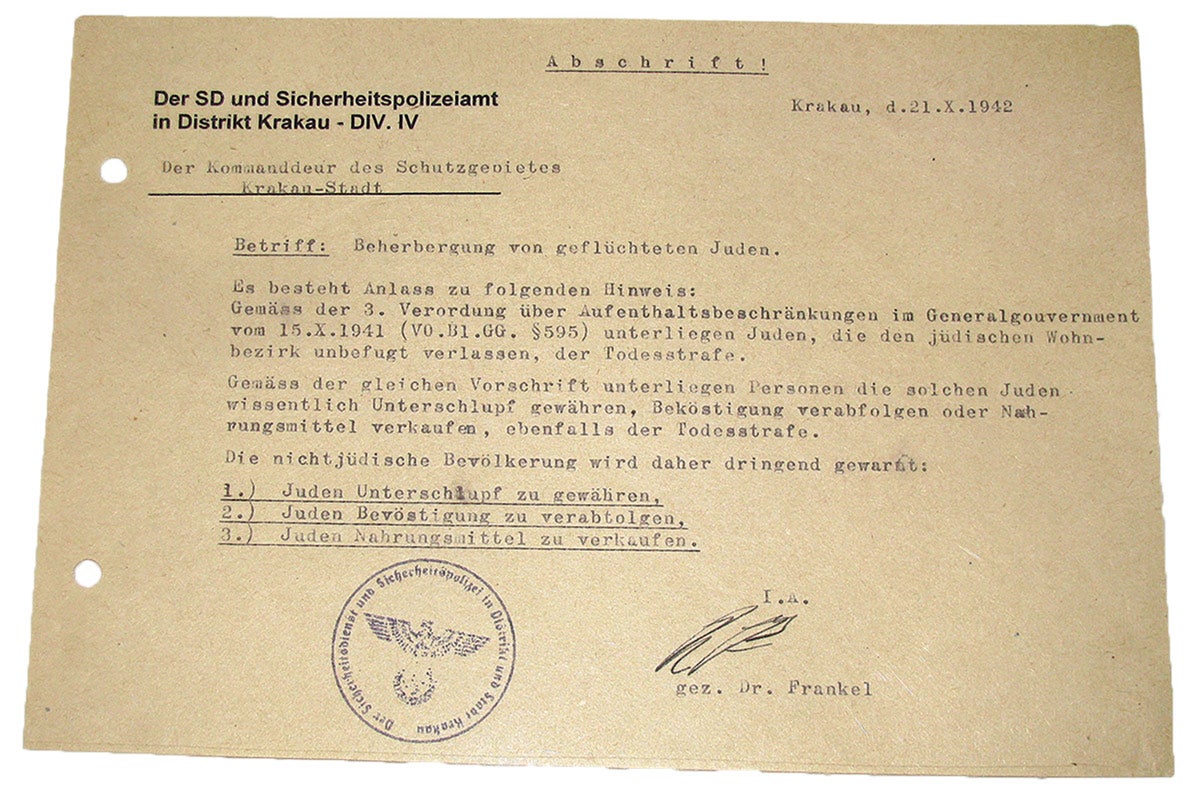 A letter from the SD commander in Krakow advising that Jews leaving their restricted areas without permission are subject to death, and those caught harboring Jews will also be put to death.
