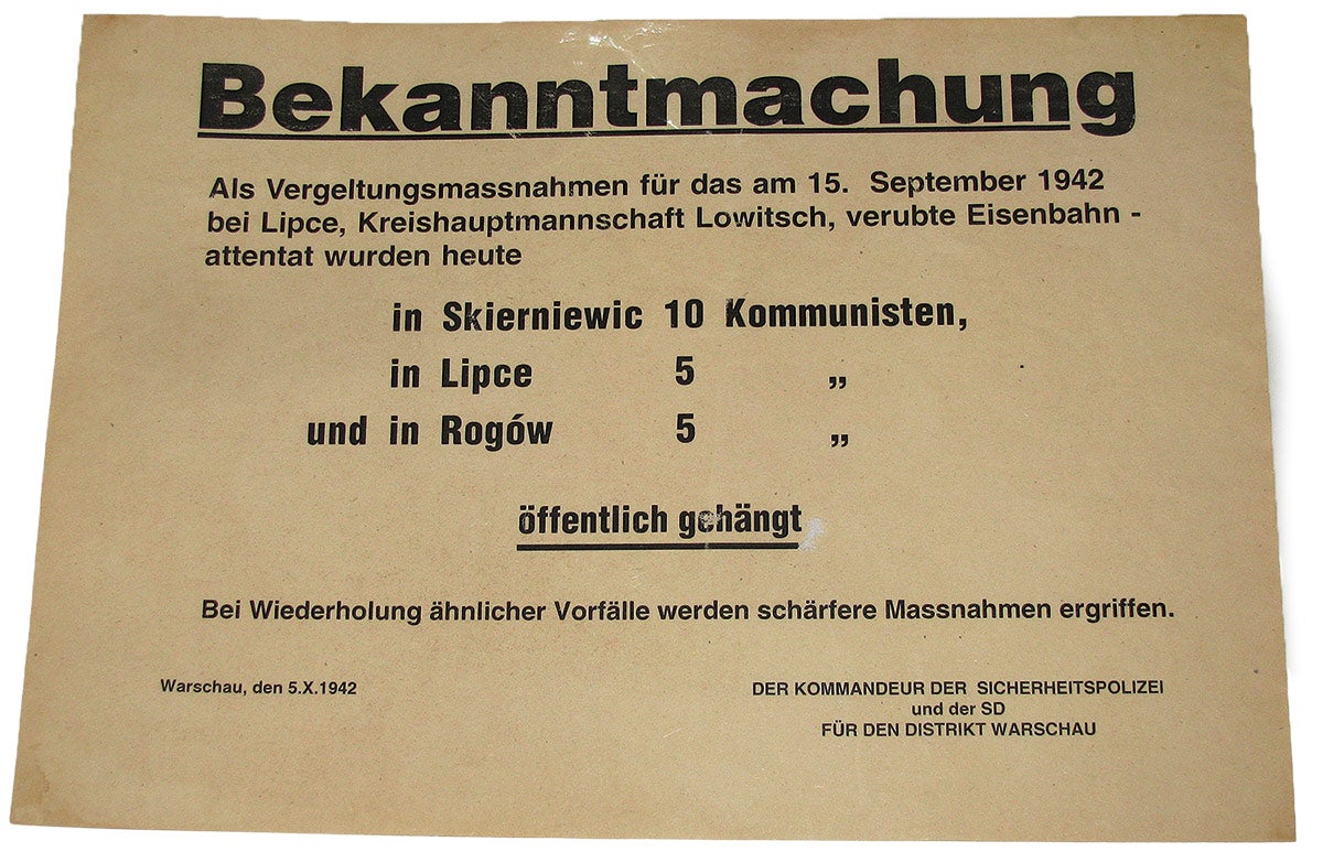 An announcement from the commander of the security police and SD in Warsaw saying that, in retaliation for the railroad assassination, 20 communists were hung.