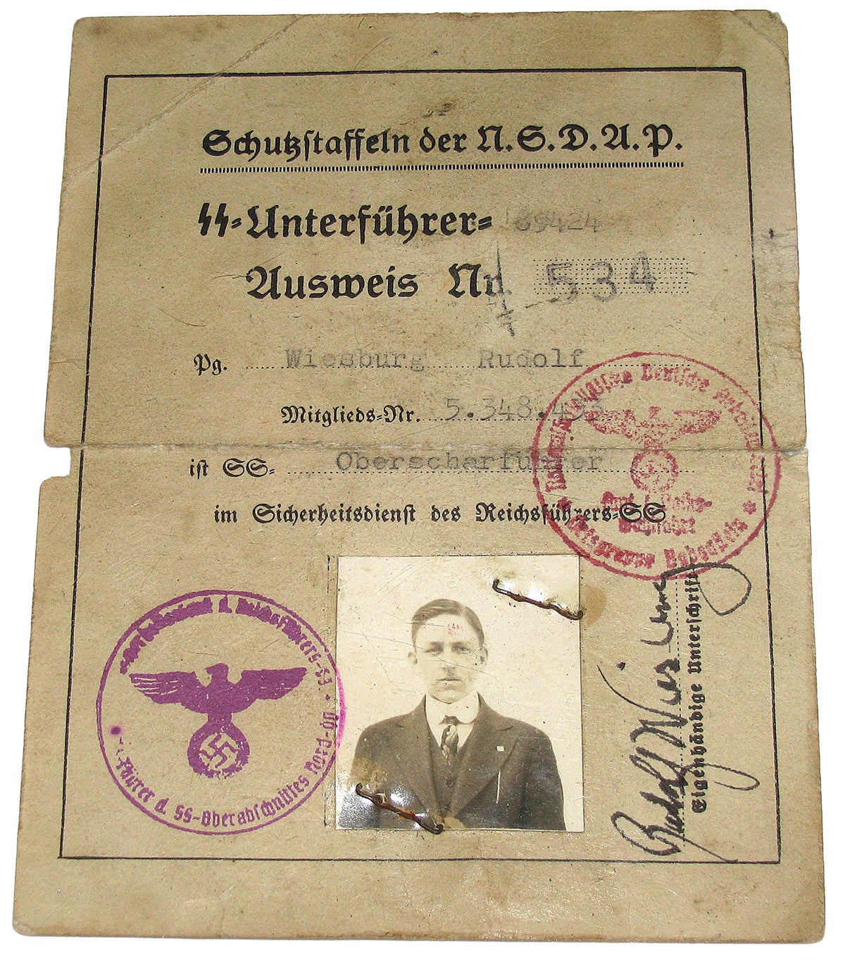 Oberscharfuhrer Rudolf Weisburg’s file ausweis, an SD entrant.