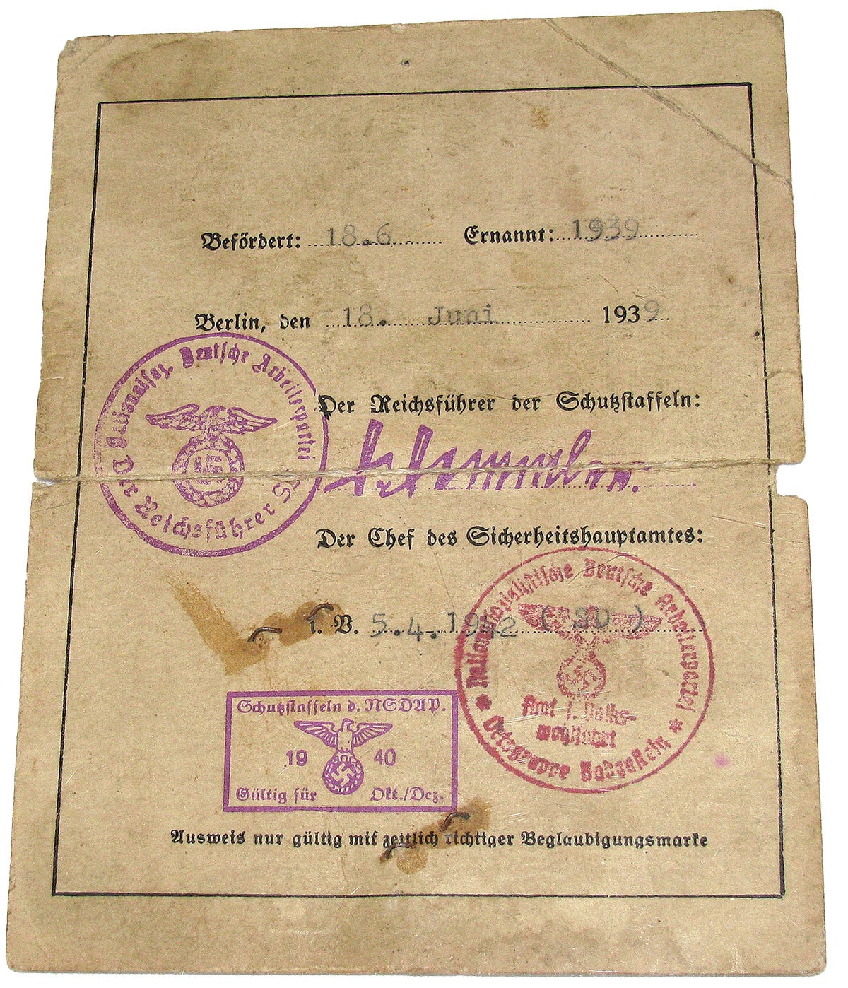Oberscharfuhrer Rudolf Weisburg’s file ausweis, an SD entrant.