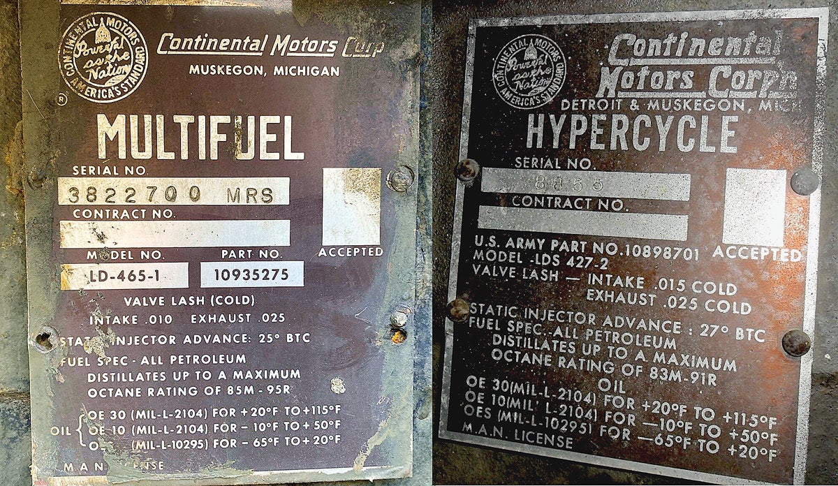 Typical data plates for Continental multifuel engines.