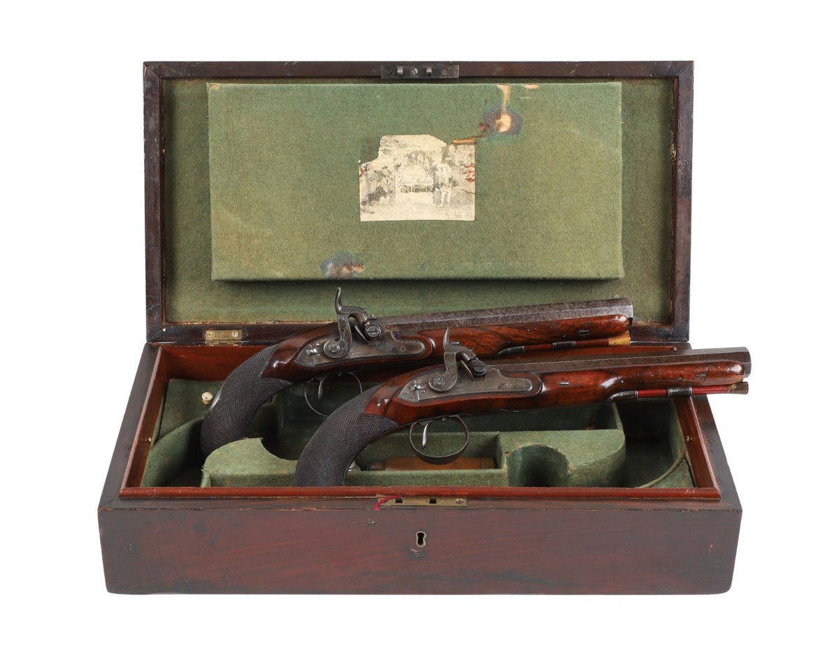 Cased set of Barber & Boaler large bore percussion officers’ pistols with detachable stock. Barber & Boaler was a gunmaker based in Newark (Nottingham), England. (CA$7,080)