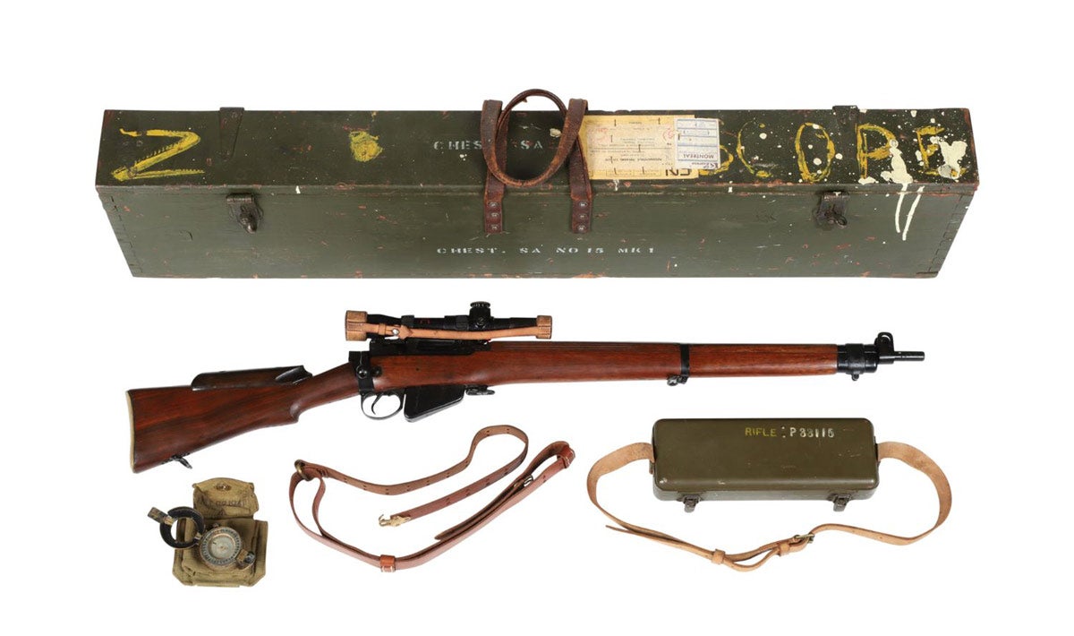 British Holland and Holland converted No. 4 Mk I* (T) Lee-Enfield sniper rifle, in a matching transit chest. It had all correct sniper markings and the rifle itself was all matching. (CA$7,080)