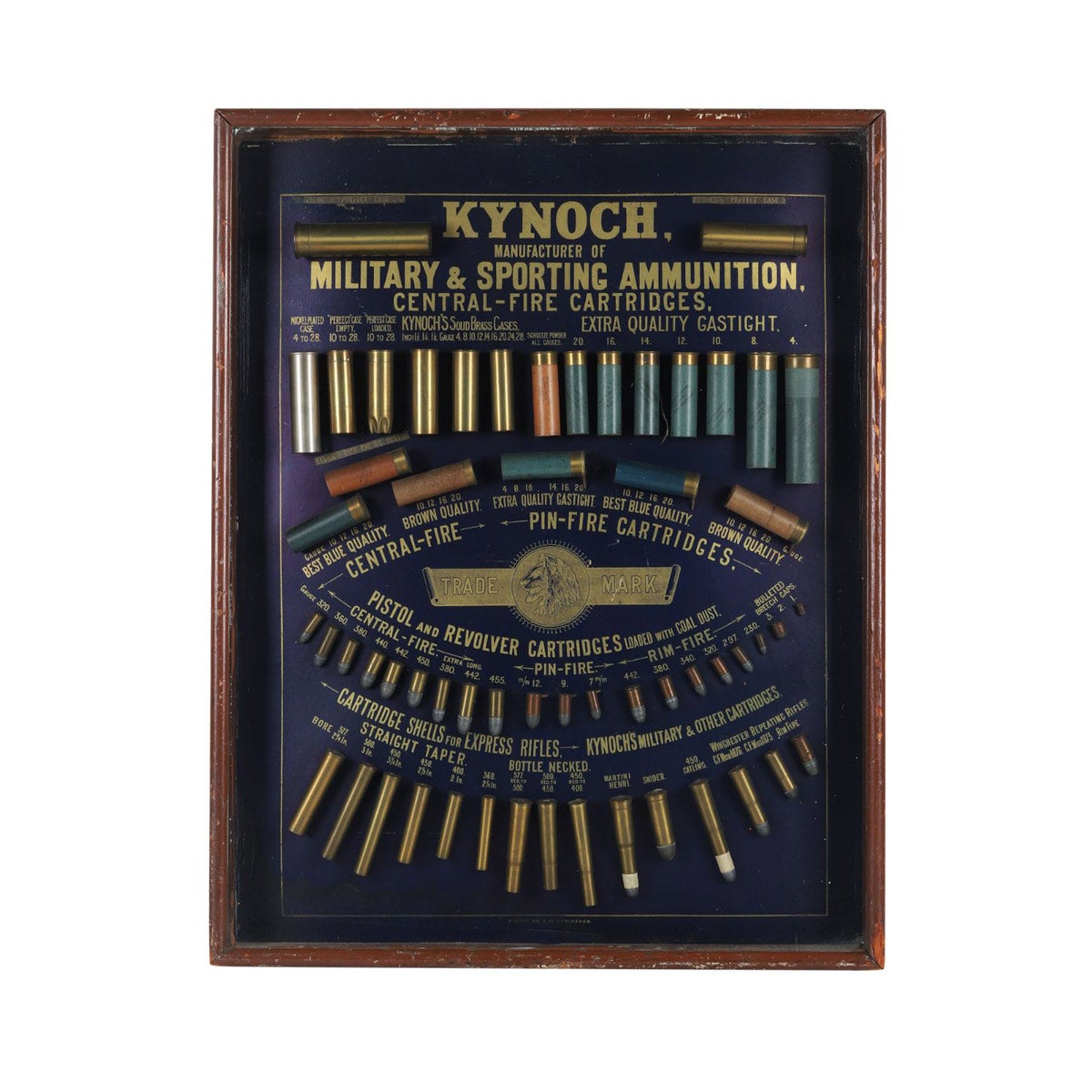 British 1880s-era Kynoch Military & Sporting Ammunition cartridge display board, framed behind glass, with the cartridges held onto the backing via bound wire. (CA$7,080)