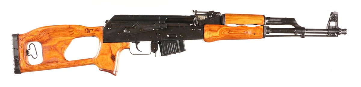 Romanian Mk II semi rifle 5.45 x 39. Serial #3-06047-97 Adjustable rear and fixed front sight. Laminated skeletonized stock. Detachable box magazine included. Excellent+ overall condition. Barrel: 16.50 modern. Provenance: Tony Rodriguez collection.