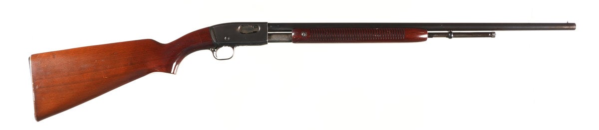 From a spectacular selection of high-grade Brownings, this Remington 121 Fieldmaster Slide Rifle, .22 LR, Serial #202632, has a single-bead front sight, Rutledge bore for .22 rifle-shot cartridges only, as barrel marked; tube-fed magazine, and pistol-grip walnut stock. Metal surfaces retain their original finish, rating Excellent, with minimal handling marks. Rare configuration manufactured from 1936-1954, and one of only 3,000 produced with 24in barrel.