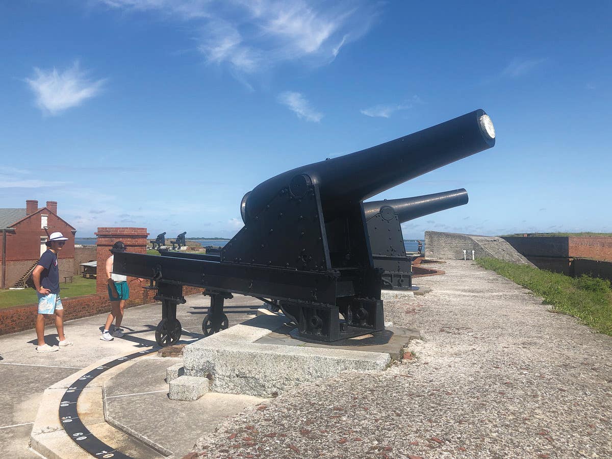 A full arsenal of well-maintained 10-inch Rodman cannons stand guard facing the sea at Fort Clinch State Park.