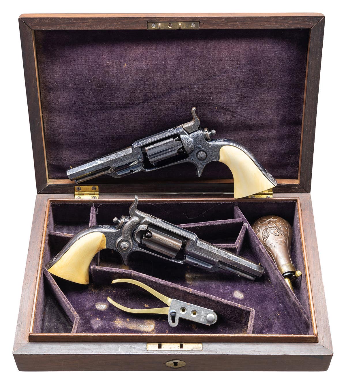 Lot #4055, a double cased, factory engraved pair of Civil War General Alfred Duffie presentation Colt model 1855 Root revolvers